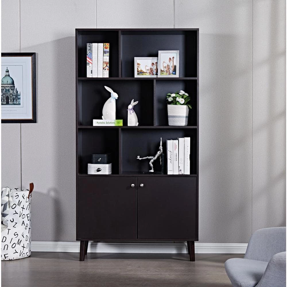 67.32 in. Coffee Wood 6-Shelf Standard Bookcase with Doors by Wateday 2 67.32 in. Coffee Wood 6-Shelf Standard Bookcase with Doors by Wateday - Image 2