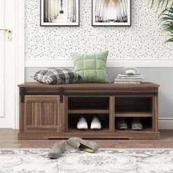 Dark Brown Storage Bench with a Sliding Door and Adjustable Shelf, 18"H x 15.6"W x 46.7"L by Wateday -Wateday Sales Store dark brown wateday dining benches yj yuki9595356 31 1000