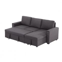 83.46 in. W Square Arm 1-Piece Linen L-shaped Sleeper Sofa in Dark Gray with Storage Chaise by Wateday