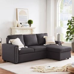83.46 in. W Square Arm 1-Piece Linen L-shaped Sleeper Sofa in Dark Gray with Storage Chaise by Wateday -Wateday Sales Store dark gray wateday sectional sofas yj yuki9596646 c3 1000