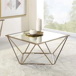 32 in. Gold Square Glass Coffee Table with Mirrored Top by Wateday -Wateday Sales Store gold wateday coffee tables yj yuki9595693 4f 1000