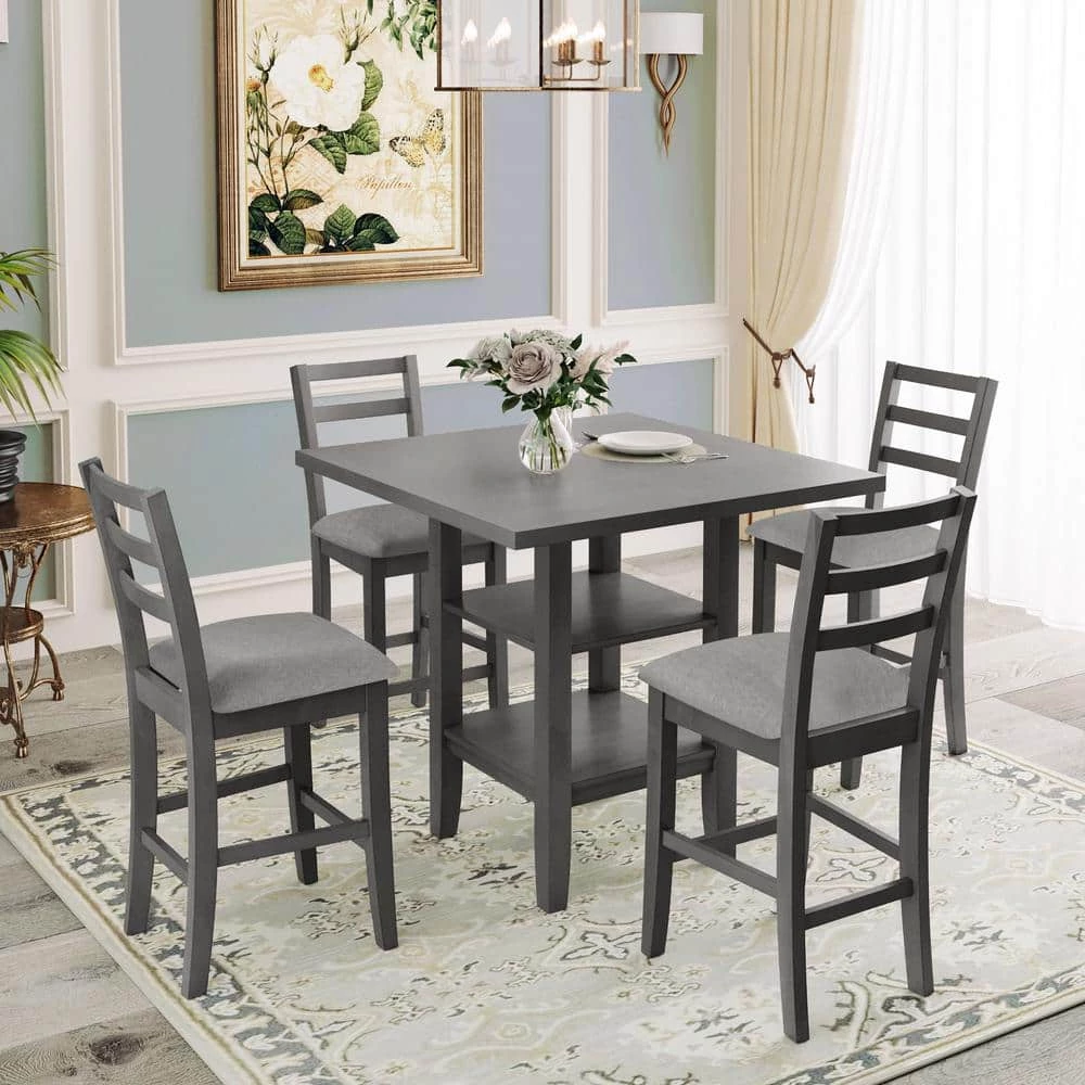 5-Piece Gray Wood Top Bar Table Set Dining Room Set Seats 4 by Wateday 8 5-Piece Gray Wood Top Bar Table Set Dining Room Set Seats 4 by Wateday - Image 8