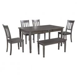 6-piece Gray Wood Top Bar Table Set Dining Room Set Seats 6 with Bench by Wateday