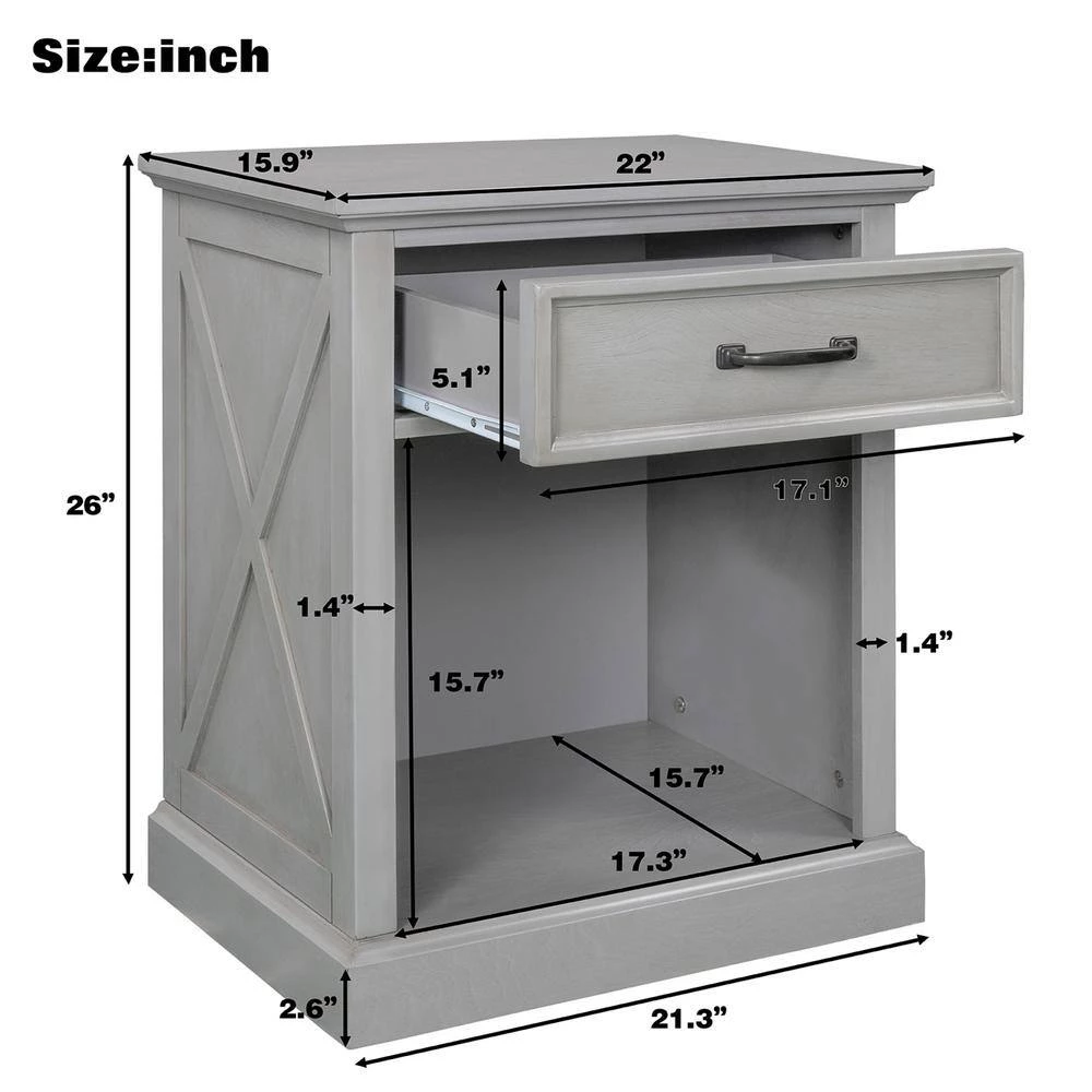 1-Drawer Gray Nightstand, 26"H x 15.9"W x 22"L by Wateday 6 1-Drawer Gray Nightstand, 26"H x 15.9"W x 22"L by Wateday - Image 6