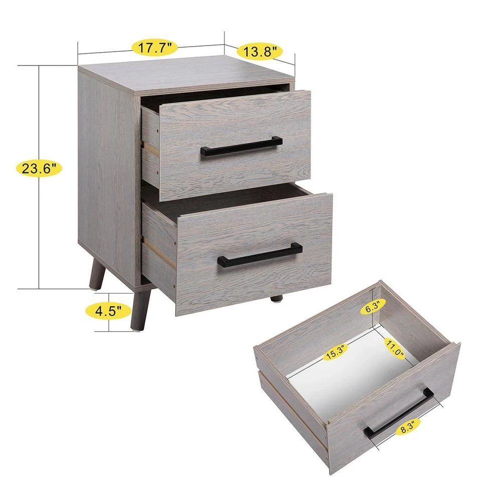 2-Drawer Gray Nightstand 23.60 in. H x 17.70 in. W x 13.80 in. D, Set of 2 by Wateday 6 2-Drawer Gray Nightstand 23.60 in. H x 17.70 in. W x 13.80 in. D, Set of 2 by Wateday - Image 6