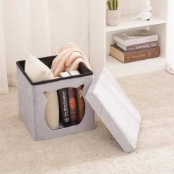 Gray Velvet Folding Ottoman with Cat Bed by Wateday -Wateday Sales Store gray wateday ottomans yj yuki9595853 31 1000