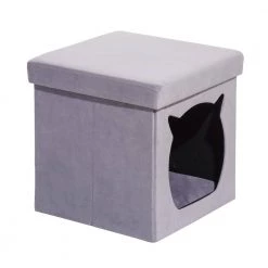 Gray Velvet Folding Ottoman with Cat Bed by Wateday