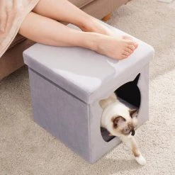 Gray Velvet Folding Ottoman with Cat Bed by Wateday -Wateday Sales Store gray wateday ottomans yj yuki9595853 c3 1000
