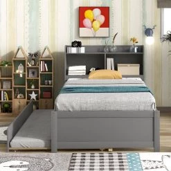 42 in. W Gray Twin Wood Frame Platform Bed with Trundle, Bookcase by Wateday -Wateday Sales Store gray wateday platform beds yj yuki9597013 31 1000