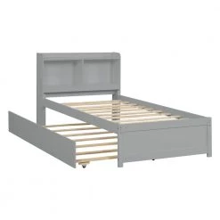 42 in. W Gray Twin Wood Frame Platform Bed with Trundle, Bookcase by Wateday