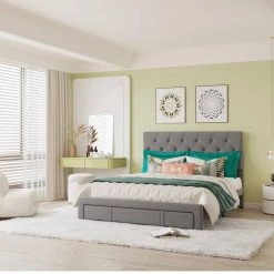 60.20 in. W Gray Queen Velvet Wood Frame Platform Bed with Storage Drawer by Wateday -Wateday Sales Store gray wateday platform beds yj yuki9597056 31 1000