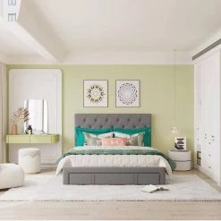 60.20 in. W Gray Queen Velvet Wood Frame Platform Bed with Storage Drawer by Wateday -Wateday Sales Store gray wateday platform beds yj yuki9597056 c3 1000