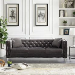 82.30 in. Wide Square Arm Velvet Modern Straight Sofa in Gray with 2-Pillows by Wateday -Wateday Sales Store gray wateday sofas couches yj yuki9596639 31 1000