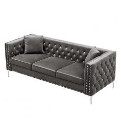 82.30 in. Wide Square Arm Velvet Modern Straight Sofa in Gray with 2-Pillows by Wateday