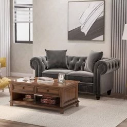 63 in. Wide Rolled Arm Velvet Modern Straight Loveseat Sofa in Gray with 2-Pillows by Wateday -Wateday Sales Store gray wateday sofas couches yj yuki9596640 c3 1000