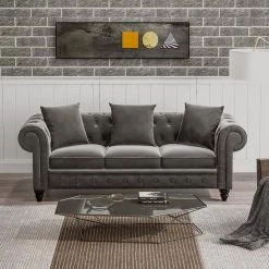 80 in. Wide Rolled Arm Velvet Modern Straight Sofa in Gray with 3 Pillows by Wateday -Wateday Sales Store gray wateday sofas couches yj yuki9596641 31 1000