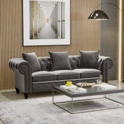 80 in. Wide Rolled Arm Velvet Modern Straight Sofa in Gray with 3 Pillows by Wateday -Wateday Sales Store gray wateday sofas couches yj yuki9596641 4f 1000