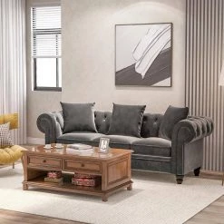 80 in. Wide Rolled Arm Velvet Modern Straight Sofa in Gray with 3 Pillows by Wateday -Wateday Sales Store gray wateday sofas couches yj yuki9596641 c3 1000