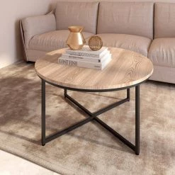 35.04" Light Brown Round MDF Top Coffee Table with X Steel Legs by Wateday 13 35.04" Light Brown Round MDF Top Coffee Table with X Steel Legs by Wateday -Wateday Sales Store light brown wateday coffee tables yj yuki9595596 31 1000