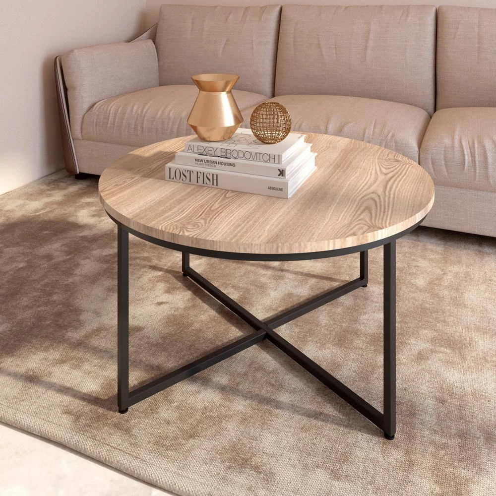 35.04" Light Brown Round MDF Top Coffee Table with X Steel Legs by Wateday 7 35.04" Light Brown Round MDF Top Coffee Table with X Steel Legs by Wateday - Image 7
