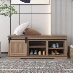 Light Brown Storage Bench with a Sliding Door and Adjustable Shelf, 18"H x 15.6"W x 46.7"L by Wateday -Wateday Sales Store light brown wateday dining benches yj yuki9595357 31 1000