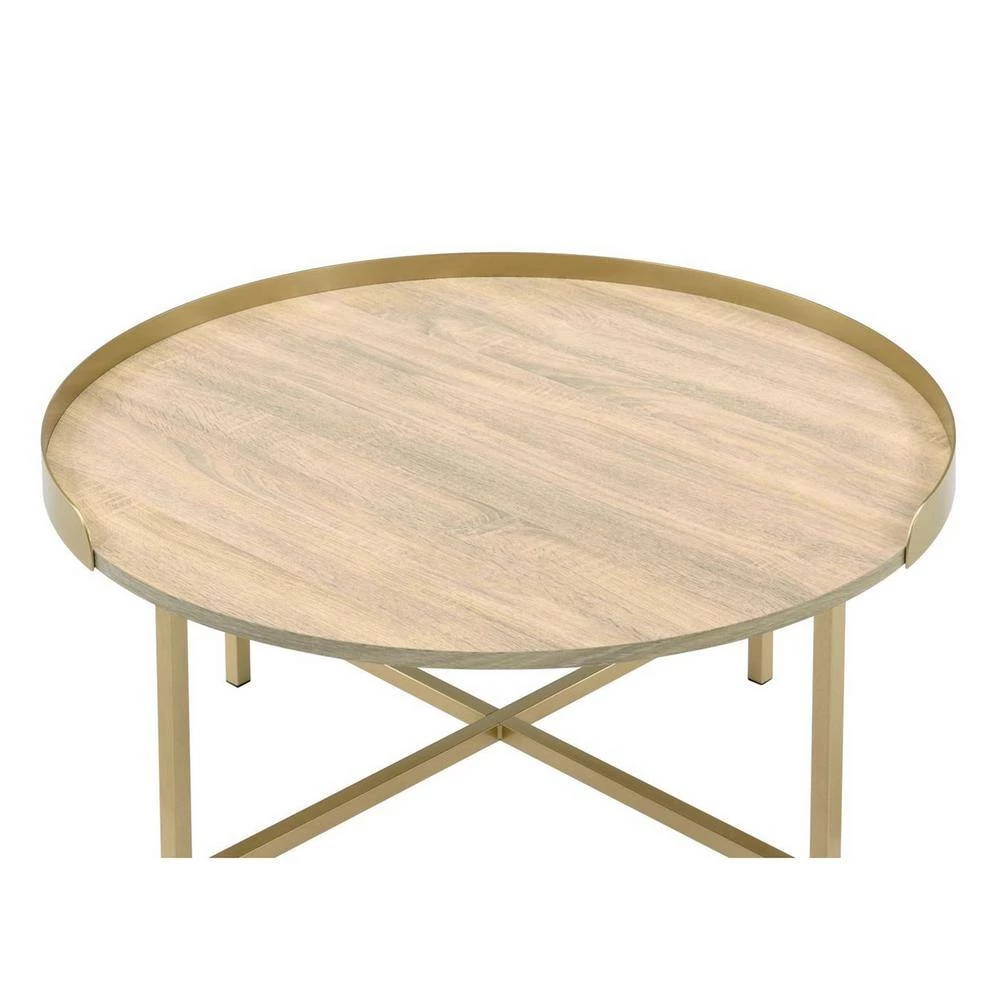 34 " Oak Round Wood Coffee Table with Metal Frame by Wateday 4 34 " Oak Round Wood Coffee Table with Metal Frame by Wateday - Image 4