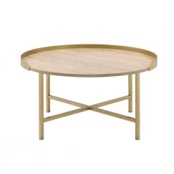 34 " Oak Round Wood Coffee Table with Metal Frame by Wateday