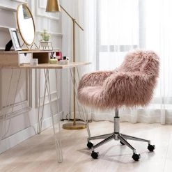 Pink Faux Fur Swivel Office Chair with Non-Adjustable Arms by Wateday -Wateday Sales Store pink wateday office stools yj w21222750 31 1000