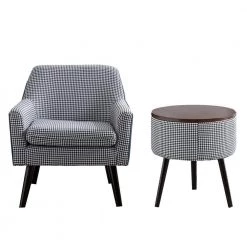 Plaid Fabric Armchair with Storage Side Table by Wateday