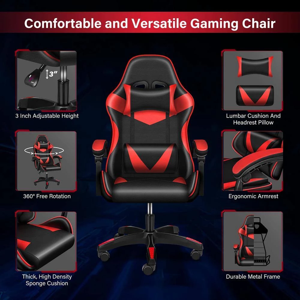 Red Leather Recliner Gaming Office Chairs with Arms and Lumbar without Footrest by Wateday 4 Red Leather Recliner Gaming Office Chairs with Arms and Lumbar without Footrest by Wateday - Image 4