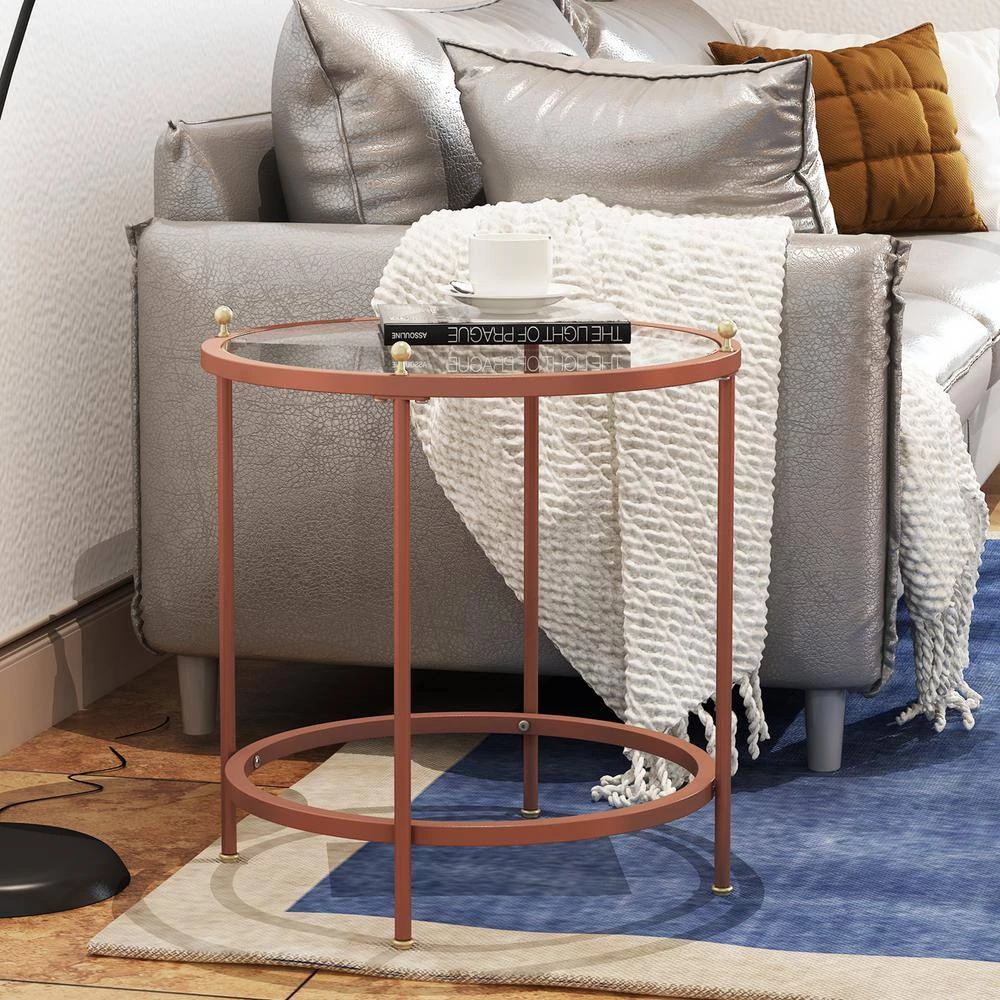 21.6 in. Rose Gold Round Glass Coffee Table with Iron Frame by Wateday 2 21.6 in. Rose Gold Round Glass Coffee Table with Iron Frame by Wateday - Image 2