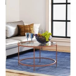 32.8 in. Rose Gold Round Glass Coffee Table with Iron Frame by Wateday -Wateday Sales Store rose gold wateday coffee tables yj yuki9595703 31 1000