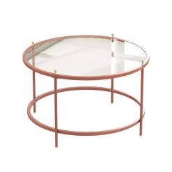 32.8 in. Rose Gold Round Glass Coffee Table with Iron Frame by Wateday