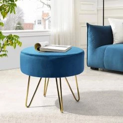 Teal Velvet Round Ottoman with Metal Legs by Wateday -Wateday Sales Store teal wateday ottomans yj yuki9595863 31 1000