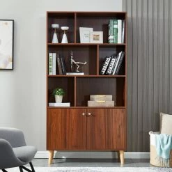 67.32 in. H Walnut Wood 3-Shelf Bookcase with 2 Doors by Wateday -Wateday Sales Store walnut wateday bookcases bookshelves yj yuki9595497 31 1000