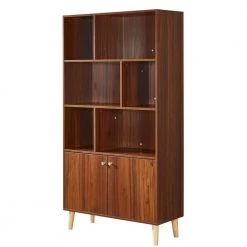 67.32 in. H Walnut Wood 3-Shelf Bookcase with 2 Doors by Wateday