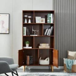 67.32 in. H Walnut Wood 3-Shelf Bookcase with 2 Doors by Wateday -Wateday Sales Store walnut wateday bookcases bookshelves yj yuki9595497 c3 1000