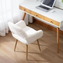 White Faux Fur Upholstered Side Chair with Wooden Legs by Wateday -Wateday Sales Store white wateday accent chairs yj yuki9595965 31 1000
