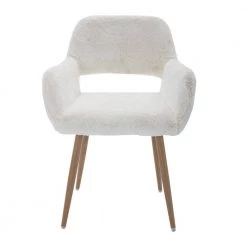 White Faux Fur Upholstered Side Chair with Wooden Legs by Wateday