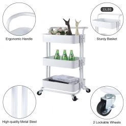 White 3-Tier Utility Cart with Wheels and Handle by Wateday -Wateday Sales Store white wateday bar carts yj yuki9596103 4f 1000