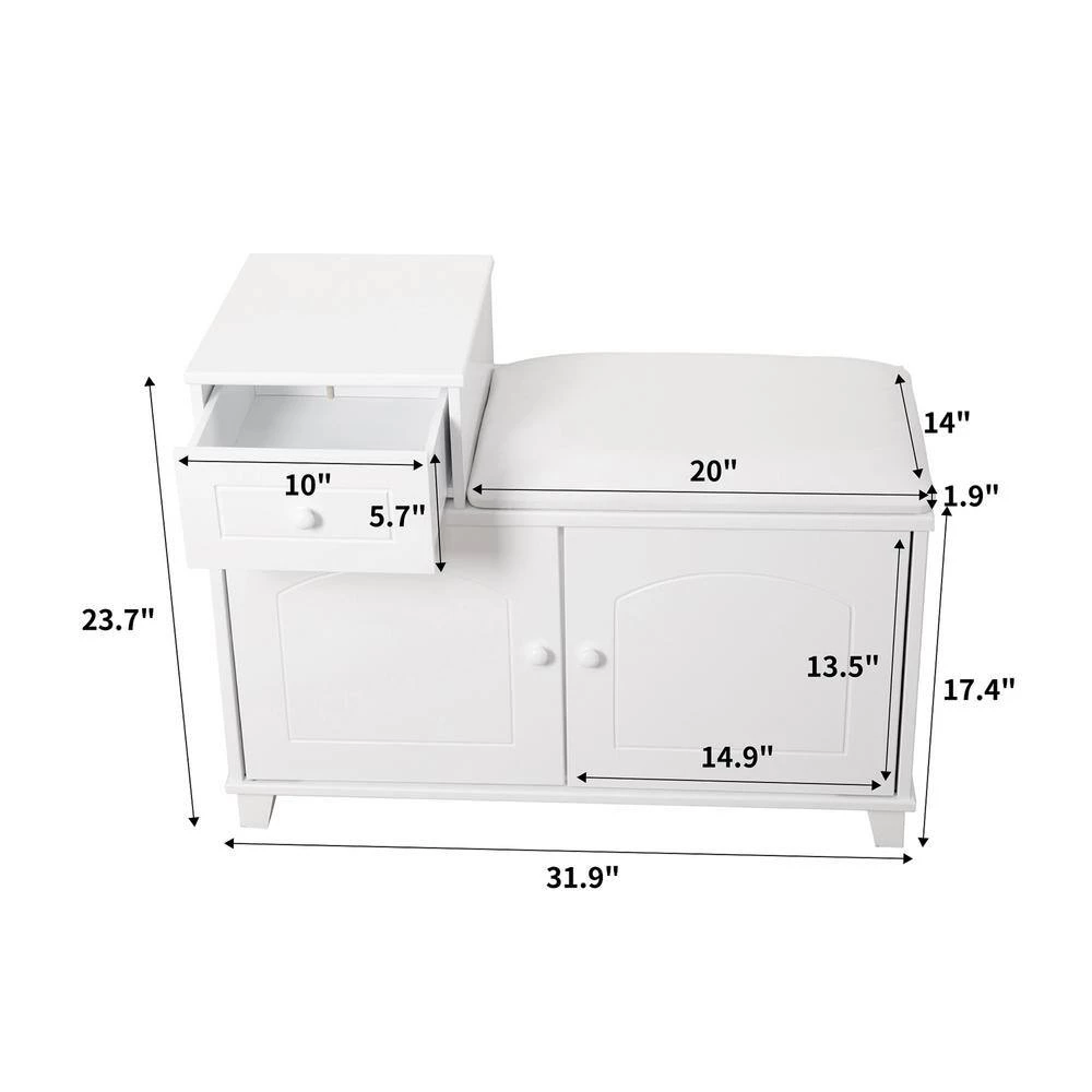 White Shoe Storage Bench with Drawer and Cabinet, 23.7 in. H x 14.2 in. W x 31.9 in. D by Wateday 4 White Shoe Storage Bench with Drawer and Cabinet, 23.7 in. H x 14.2 in. W x 31.9 in. D by Wateday - Image 4