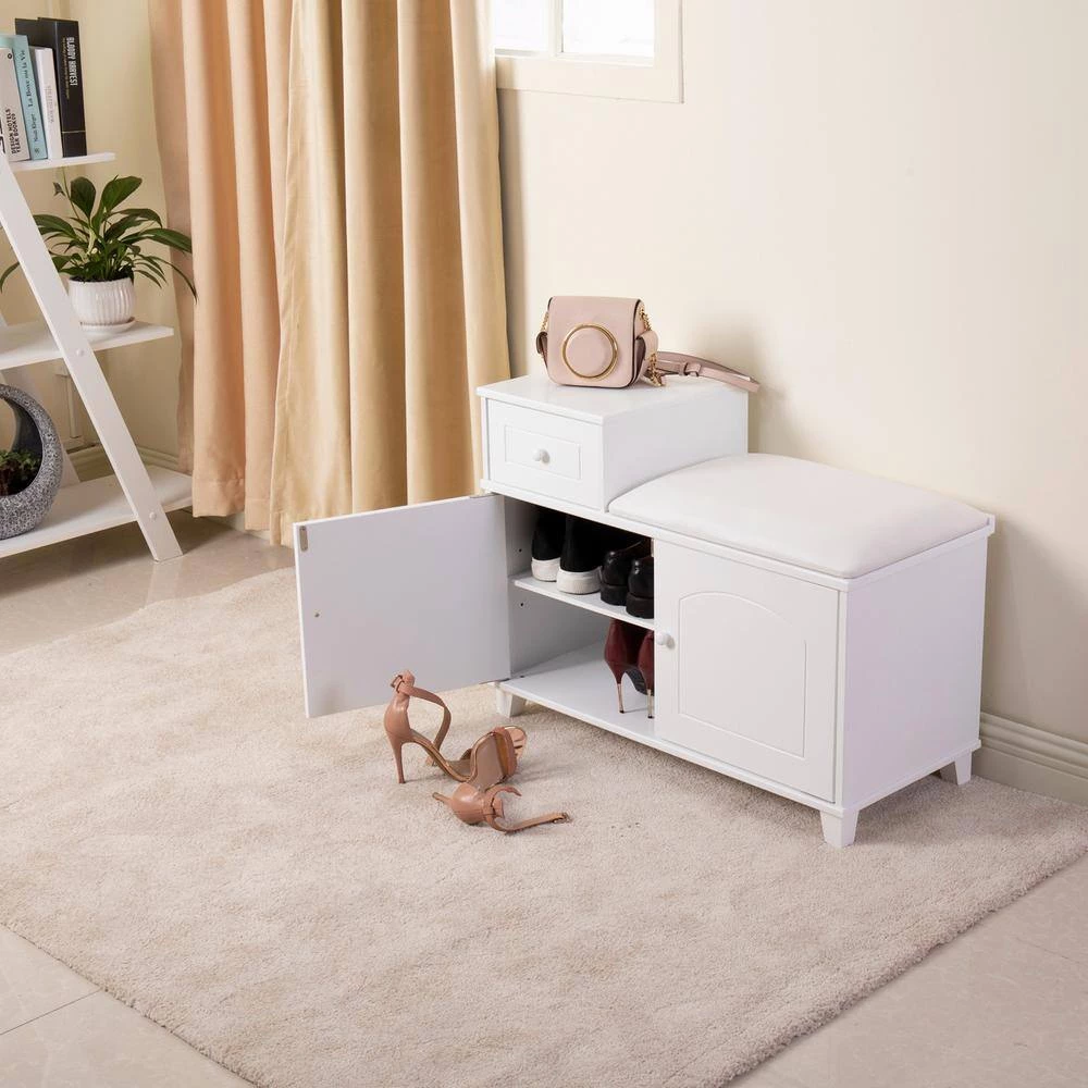 White Shoe Storage Bench with Drawer and Cabinet, 23.7 in. H x 14.2 in. W x 31.9 in. D by Wateday 2 White Shoe Storage Bench with Drawer and Cabinet, 23.7 in. H x 14.2 in. W x 31.9 in. D by Wateday - Image 2