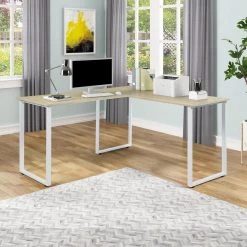 55.11 in. L-Shape White Wood Computer Desk with Metal Frame by Wateday -Wateday Sales Store white wateday computer desks yj yuki9595714 77 1000