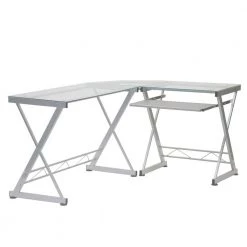 45.25 in. L-Shaped White Glass Computer Desk with Keyboard Tray by Wateday