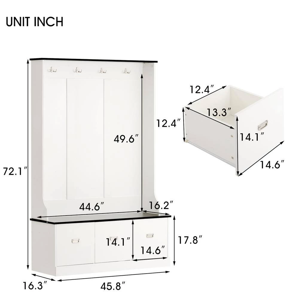 White Hall Tree Storage Bench, 3-in-1 Design, 72.1 in. H x 16.3 in. W x 45.8 L in. by Wateday 7 White Hall Tree Storage Bench, 3-in-1 Design, 72.1 in. H x 16.3 in. W x 45.8 L in. by Wateday - Image 7