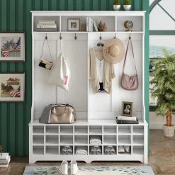 White Bench Hall Tree with 24-Shoe Cubbies Hooks by Wateday -Wateday Sales Store white wateday hall trees yj yuki9596493 31 1000