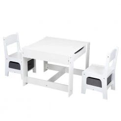 3-Piece Wood Top White Children Activity Table Set with Storage, Blackboard by Wateday