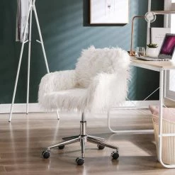 White Faux Fur Swivel Office Chair with Non-Adjustable Arms by Wateday -Wateday Sales Store white wateday office stools yj w21234444 31 1000
