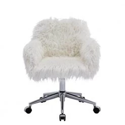 White Faux Fur Swivel Office Chair with Non-Adjustable Arms by Wateday