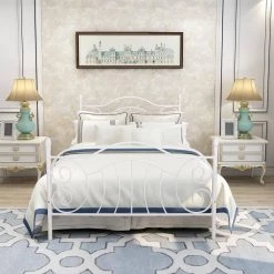 White Full Metal Bed Frame with Headboard and Footboard by Wateday -Wateday Sales Store white wateday panel beds yj yuki9596556 31 1000